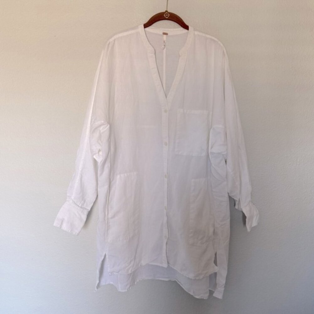 Free People White Button Down Flowy Shirt Linen Blend Dress